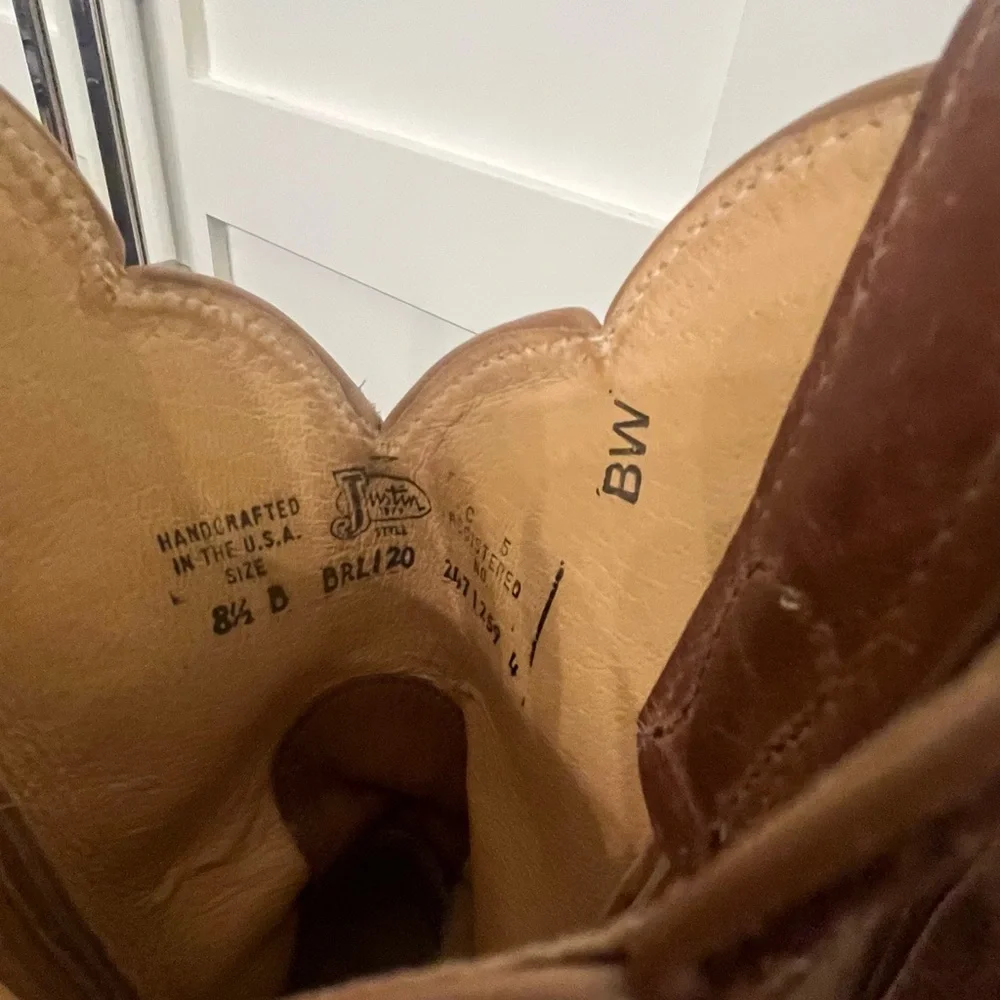 Justin Cowboy Boots Tan Leather Heeled - Picture 5 of 7